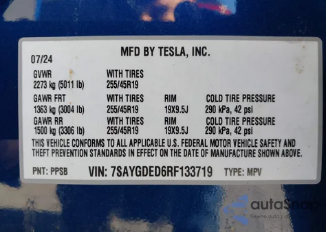 2024 Tesla Model Y Long Range Dual Motor All-Wheel Drive/Rwd from USA, damaged, VIN 7SAYGDED6RF133719